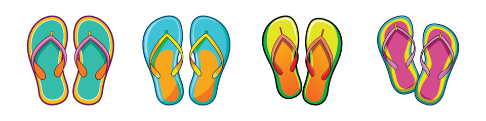 Cartoon collection of colorful flip flops-Set of four cartoon-style flip flops in bright and fun designs, perfect for summer, beach, vacation, and casual footwear illustrations.