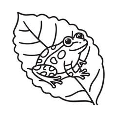 A black and white line art illustration of a cheerful poison dart frog with large, expressive eyes perched comfortably on a vibrant green leaf.