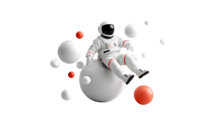 Astronaut's Cosmic Serenity: A lone astronaut floats serenely amidst a constellation of geometric spheres, his form a striking contrast against the stark backdrop, evoking a sense of solitude.