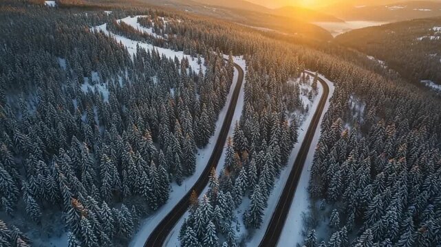 Winding road through snowy forest at sunrise