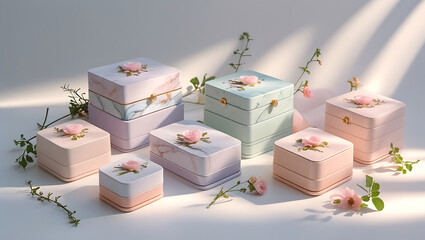 Elegant top-down view of pastel decorated cakes with fresh flowers.