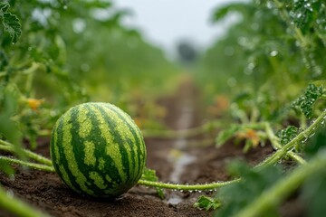 Watermelon growing in field, blurred field background. For agricultural concept