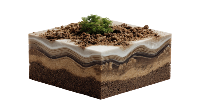 Earth Layers: A cross-section of the earth unveils its layered structure, with distinct strata of soil, rock, and vegetation in an educational and compelling visual.