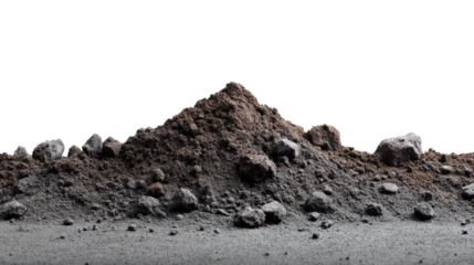 Pile of Earth: A detailed shot of rich, dark soil, dotted with rugged stones, piled up against a light background, offering a glimpse into the earth's texture.