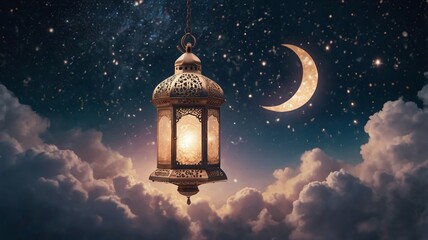 Islamic Lantern with Crescent Moon at Dusk – Muharram & Islamic New Year