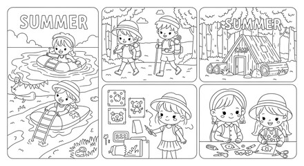 Happy Children's Summer Camp Activities Coloring Book Page Illustration