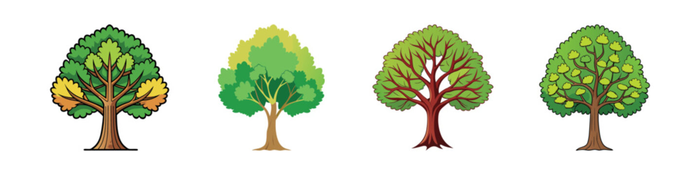 Cartoon deciduous tree illustration set-Vector set of four cartoon-style deciduous trees with green and yellow foliage, each featuring unique canopy shapes and trunk designs, perfect for nature, fore