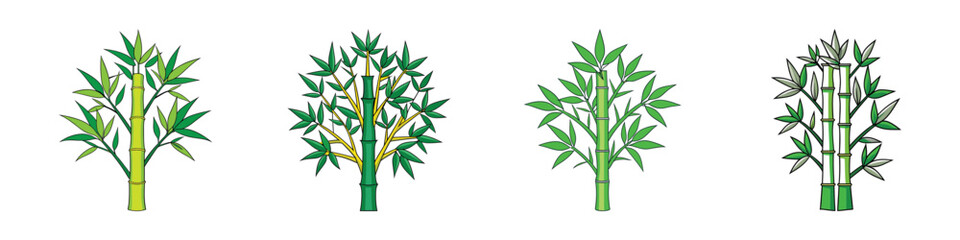 Obraz premium Bamboo tree illustration set-Vector illustration of four stylized bamboo trees with tall stalks and slender green leaves, representing tropical and Asian-inspired plant designs.
