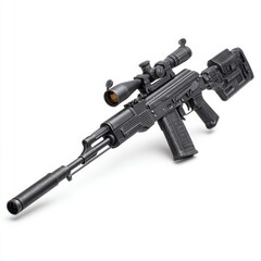 A tactical rifle, meticulously crafted, showcasing precision and power. It has a scope and other add ons. A symbol of strength and readiness.