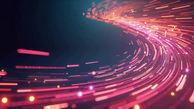 Zoom slowly into vibrant magenta and gold neon trails spiraling outwards, pulsating rhythmically.  Fibonacci sequence expands, filling the frame.  Camera tracks subtle texture.