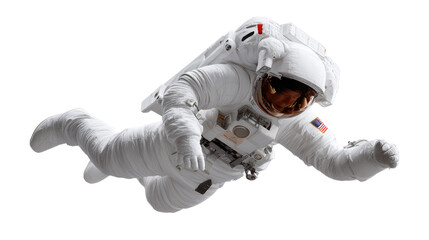 Naklejka premium Astronaut floating in Space: A lone astronaut floats weightlessly against the stark expanse of space, clad in a pristine spacesuit. The image portrays the solitude of cosmic exploration