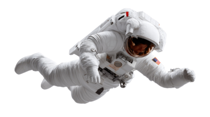 Astronaut floating in Space: A lone astronaut floats weightlessly against the stark expanse of space, clad in a pristine spacesuit. The image portrays the solitude of cosmic exploration