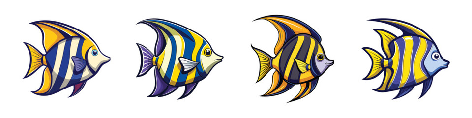 Colorful striped tropical angelfish cartoon set-Vector illustration of four tropical angelfish with bold yellow and blue striped patterns, perfect for aquarium art, marine graphics, or ocean themes.