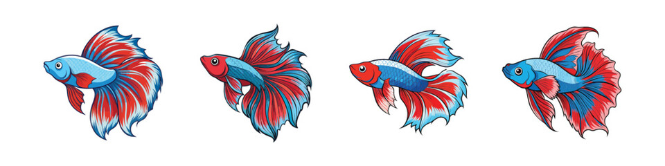 Fototapeta premium Colorful betta fish cartoon illustration set-Vector illustration of four vibrant betta fish with flowing red and blue fins, ideal for aquarium artwork, marine themes, or decorative designs.