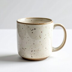 Speckled Ceramic Mug on a White Surface with Brown Rim and Handle for Coffee or Tea