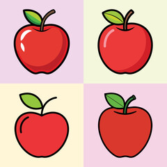Red apple cartoon icons collection set-Vector illustration of four red apples with green leaves in different cartoon styles, ideal for food design, nutrition, or fruit graphics.