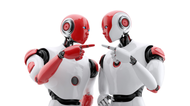 Technological Encounter: Two advanced robots with sleek, futuristic designs engage in a digital discourse.