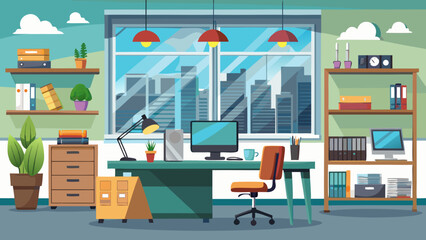 Vector art of modern office workspace with a desk, computer, chair, and cityscape view through the window, featuring bookshelves and plants for a productive work environment