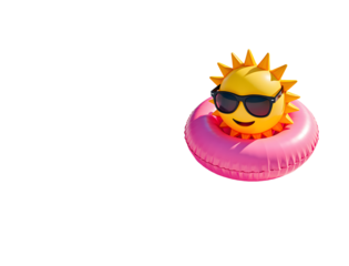 Sunny Relaxation: An animated sun, sporting cool shades, lounges in a pink inflatable ring, enjoying a laid-back, sunny day.