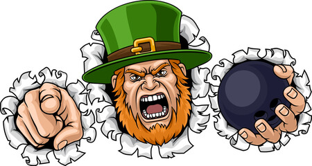 An angry Leprechaun Celtic Irish cartoon character holding Bowling ball and pointing sports team mascot illustration.