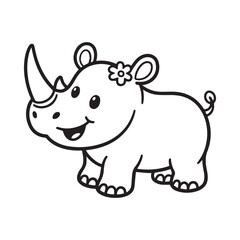 A black and white line art illustration of a cheerful rhinoceros with a large horn and a gentle, playful smile, depicted in a cartoon style perfect for children