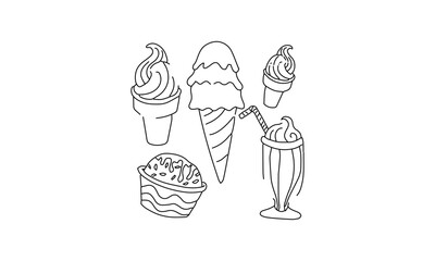 Outline Drawing of Assorted Ice Cream Desserts – Cone, Sundae, Milkshake & Cupcake