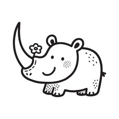 Fototapeta premium A black and white line art illustration of a cheerful rhinoceros with a large horn and a gentle, playful smile, depicted in a cartoon style perfect for children