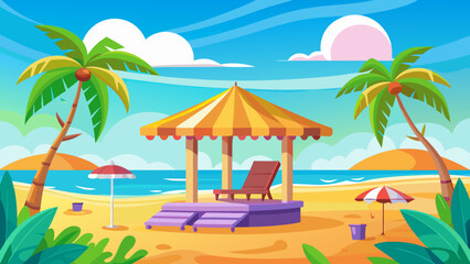 Obraz premium Vector art of a colorful illustration depicting a serene tropical beach with palm trees, a shaded hut with a raised platform, lounge chairs, and umbrellas, set against a clear blue sky