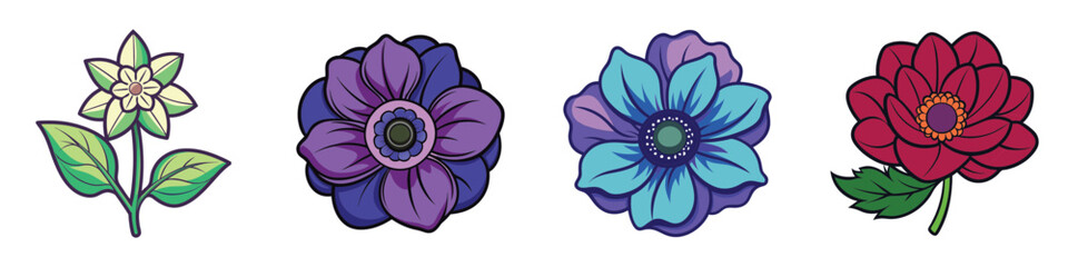 Colorful flower illustration set-Vector illustration set of four different flowers, each with unique colors and petal designs, including yellow, purple, blue, and red blossoms, displayed in a row on 