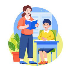 A flat style illustration showing a class teacher with student