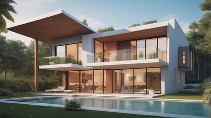 Fototapeta premium Modern house with pool and lush greenery featuring large windows and architectural design elements outside