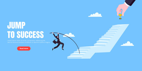 Success career ladder steps path challenge with business goal achievement trophy objective on the top of it business concept flat vector illustration. Office person running onto success career steps.