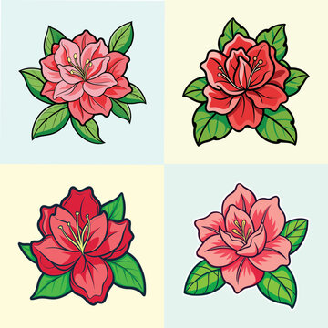 Azalea flower vector illustrations with green leaves-A set of four azalea flower drawings in red and pink tones with green leaves, perfect for floral, botanical, and decorative design purposes.
