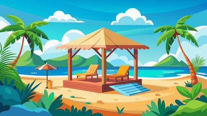Obraz premium Vector art of tropical beach paradise with palm trees, lounge chairs, and a gazebo under a sunny blue sky with fluffy clouds, perfect for a summer vacation getaway