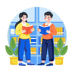 Obraz premium A flat style illustration showing students reading together