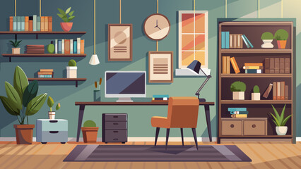Vector art of inviting home office with a central computer desk, tall bookshelves, and warm lighting, perfect for focused work and creative endeavors