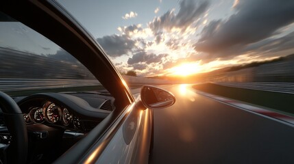 Obraz premium Sunset race car driving on track with blurred background