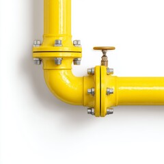 A close-up shot of a bright yellow industrial pipe system with bolts, and valve on a white background