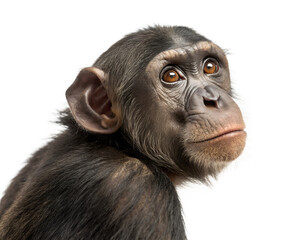 Fototapeta premium Portrait of a Young Chimpanzee with Thoughtful Expression Against a transparent Background PNG