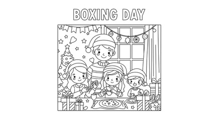 Happy Family Boxing Day Coloring Page: Festive Christmas Illustration, Cheerful Cartoon Style, Black and White Line Art.