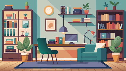 Vector art of stylish and functional home office interior featuring a desk, computer, green armchair, bookshelves, and decorative elements for a productive atmosphere
