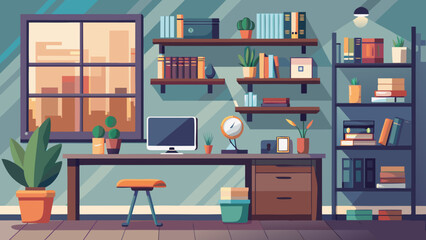Vector art of stylish home office interior featuring a desk with a computer, window view, bookshelf, and plants for a comfortable work environment