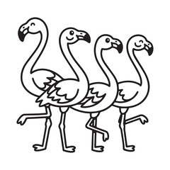A black and white line art illustration of four cheerful flamingos, each balancing on one leg and sporting a playful smile against a clean white background. 