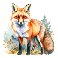 Obraz premium Watercolor red fox standing in a forest scene isolated on transparent background