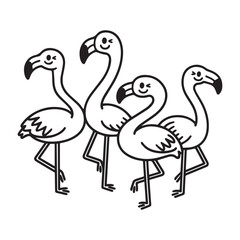 A black and white line art illustration of four cheerful flamingos, each balancing on one leg and sporting a playful smile against a clean white background. 