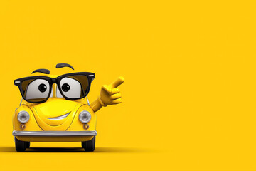 Cute funny cartoon character happy smiling car in sunglasses on a yellow isolated background. Banner for tourism and car travel