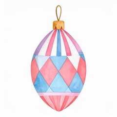 Elegant Pink and Blue Striped Diamond Christmas Ornament Hanging On White Background