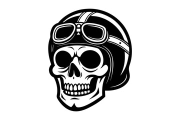 Fototapeta premium Stylized skull wearing a vintage motorcycle helmet and goggles in black and white