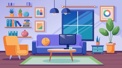 Vector art of inviting modern living room interior with a blue sofa, orange armchair, coffee table, television, and shelves filled with books and plants