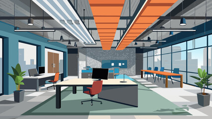 Obraz premium Vector art of bright and airy office space with multiple workstations, computers, chairs, and a long meeting table for business collaboration
